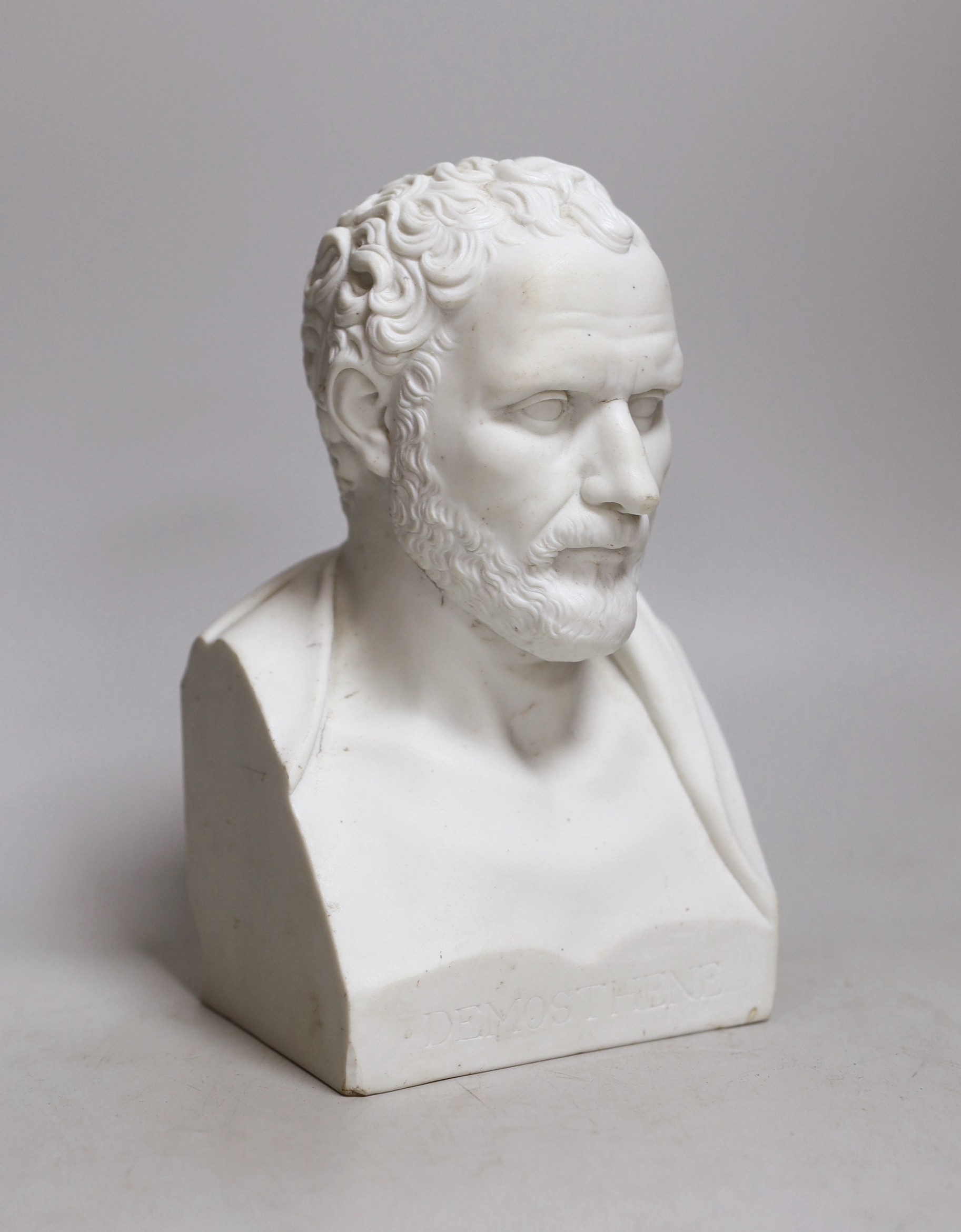 A 19th century French biscuit porcelain bust of Demosthene. 20cm tall